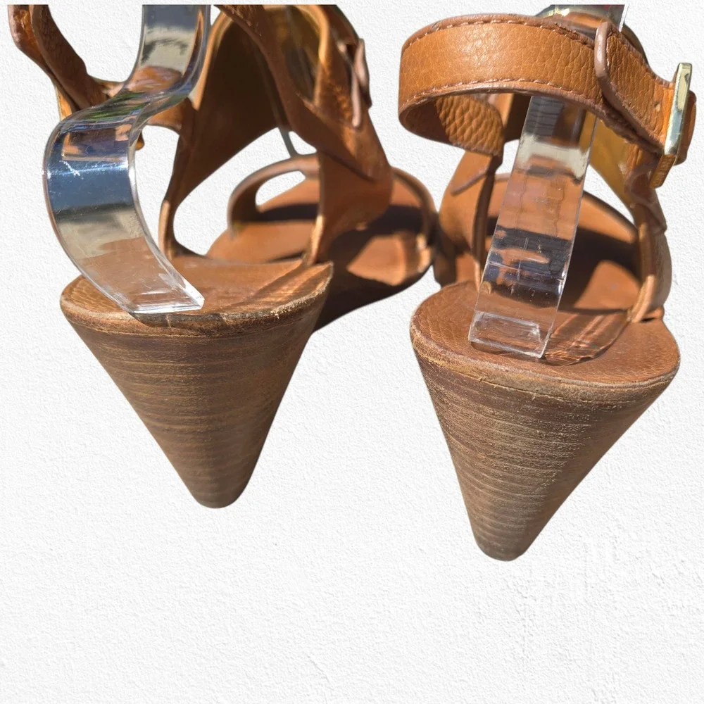 Tory Burch Tan Leather Miller Wedge Sandals Logo Slingback Heels Size 10.5M